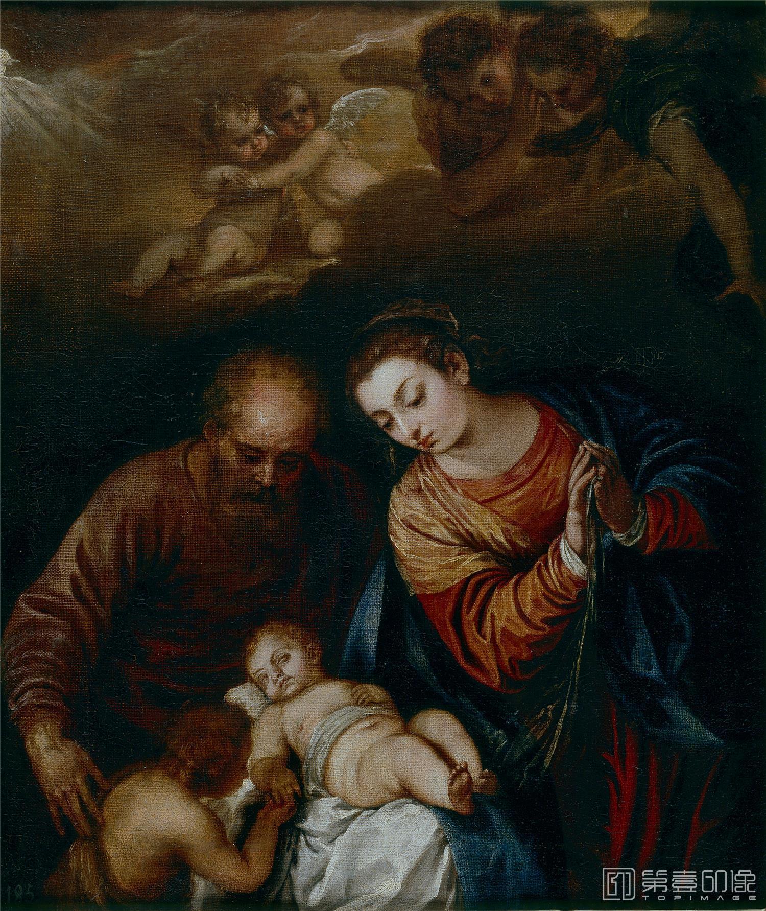 油画-西班牙普拉多美术馆油画藏画-Escalante, Juan Antonio de Frías y-La Sagrada Familia-54,5cm x 45,5cm-0808